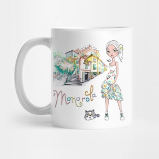 Fashionable girl and cute cat in Manarola Mug